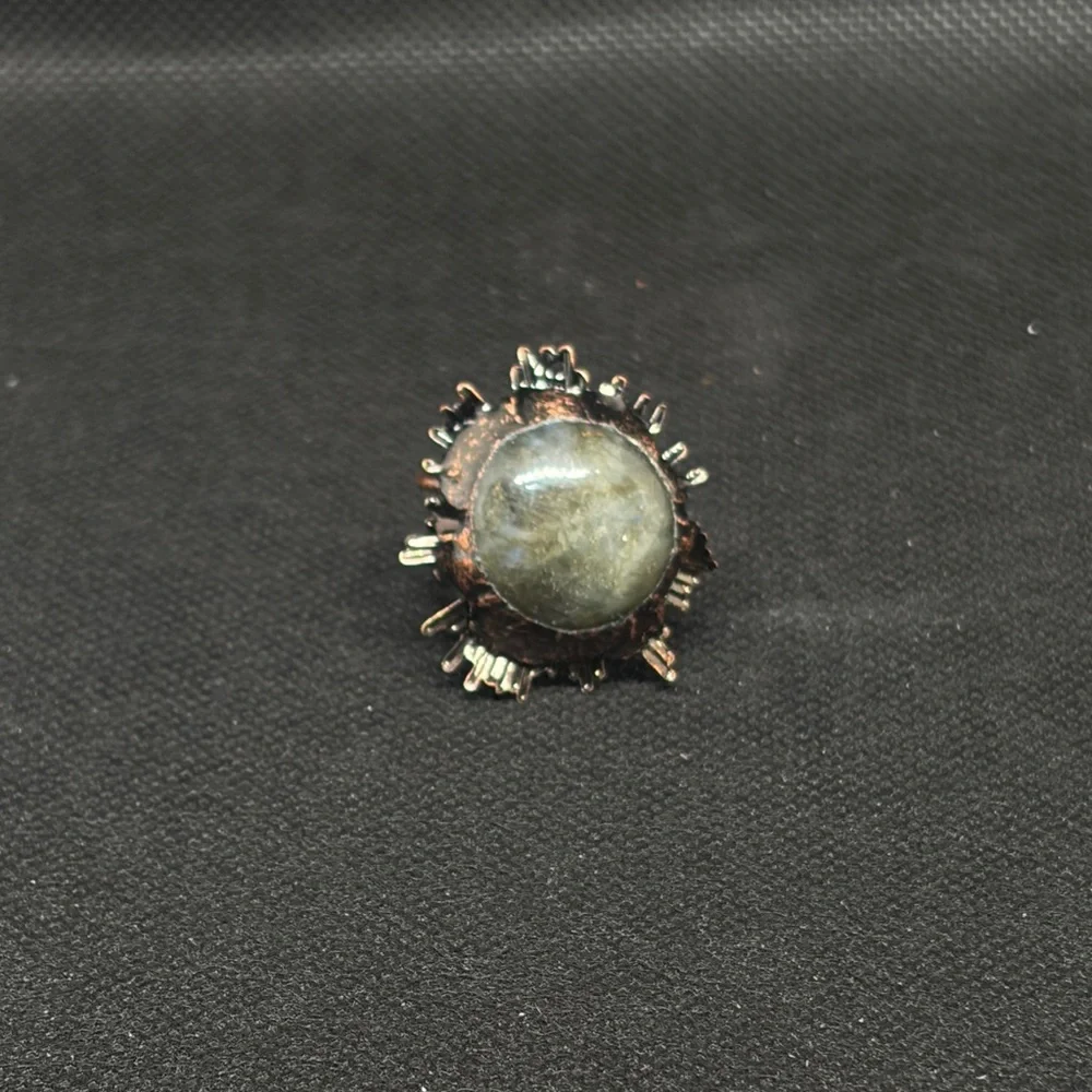 Large Genuine Labradite Sunburst Ring in Antique Brass Adjustable Band - Picture 2 of 10